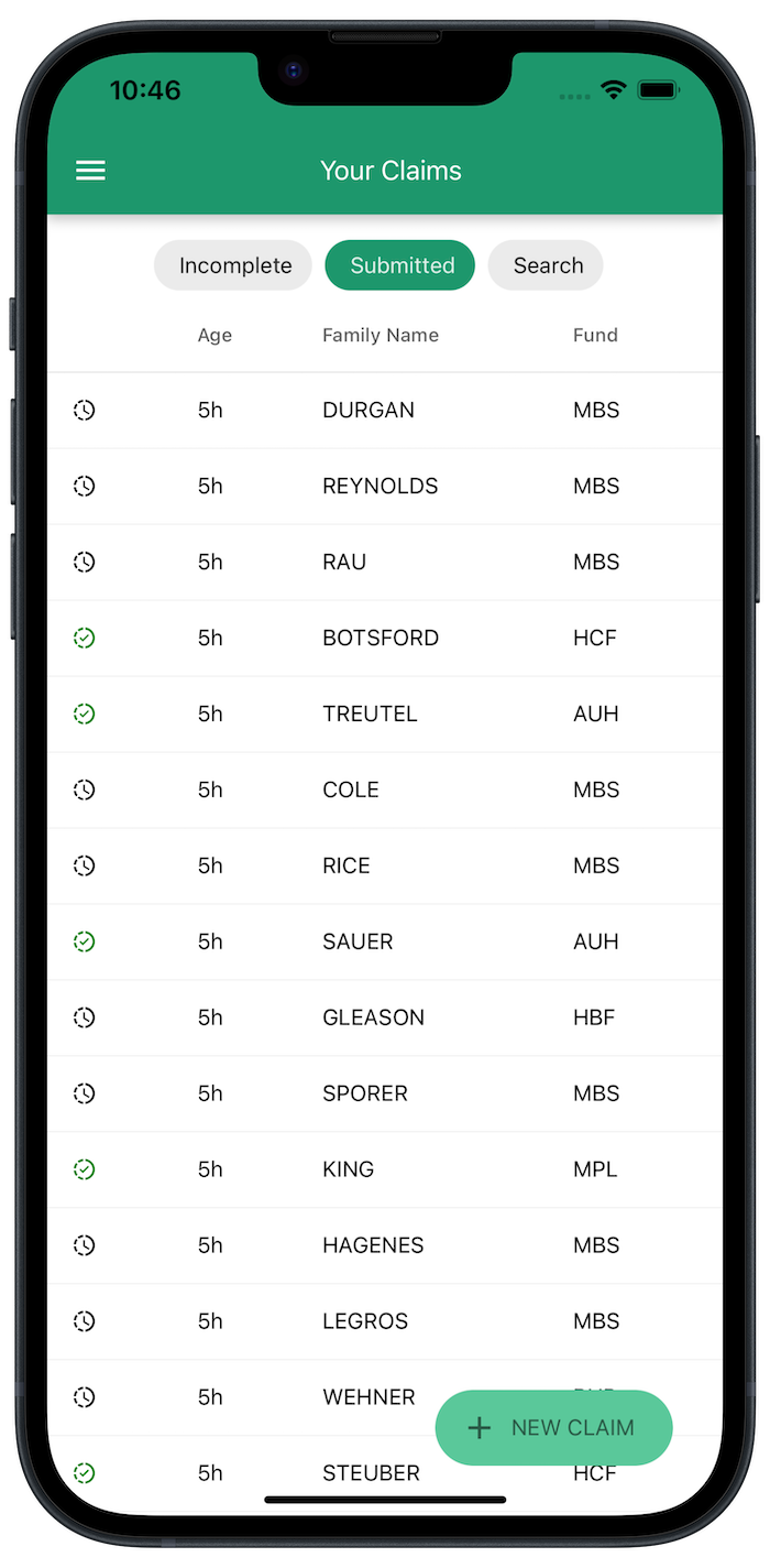 FreshClaim claim list showing real-time payment status