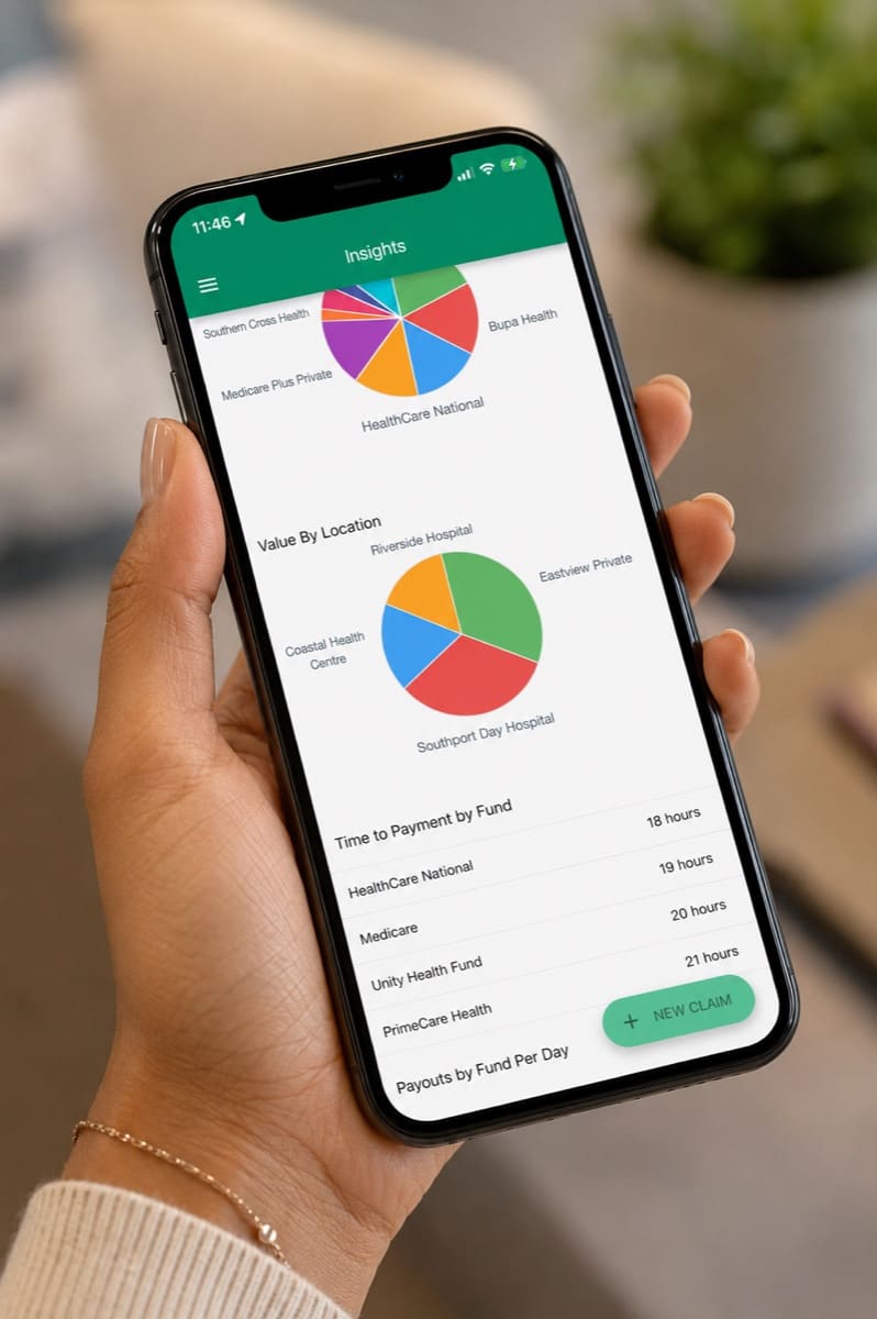 The FreshClaim app showing billing by fund, value by location and time to payment